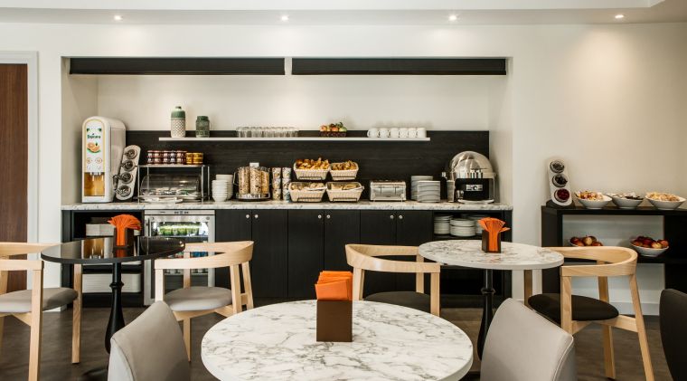 Breakfast room and its continental buffet, apart hotel Paris la Défense