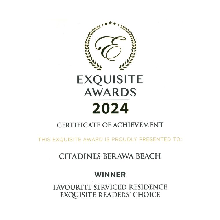 <strong>Pilihan Pembaca yang Tepat – Penghargaan yang Tepat 2024</strong></br>Kami sangat gembira mengumumkan bahwa Citadines Berawa Beach Bali Resort telah dianugerahi Favourite Serviced Residence di Exquisite Reader’s Choice – Exquisite Penghargaan 2024! 🏆 Terima kasih yang tulus kepada semua orang yang memberikan suara dan mempercayai kami untuk membuat masa inap Anda di Bali tak terlupakan. Pengakuan ini menginspirasi kita untuk terus menghadirkan pengalaman luar biasa.