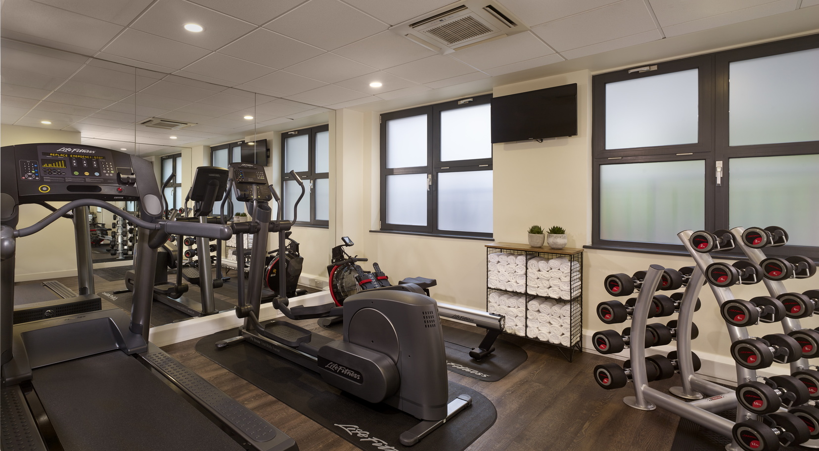 Fitness area equipped with treadmill, elliptical and weights, apart hotel London