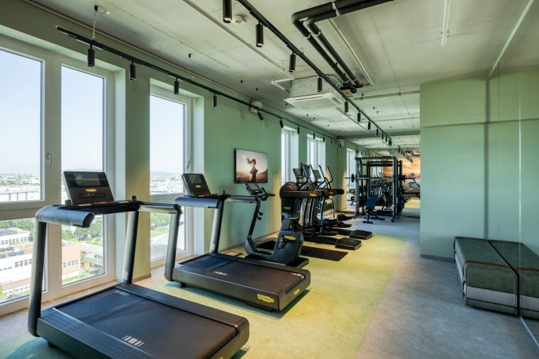 Gym equipped with treadmills, weights, bicycles, and elliptical machines
