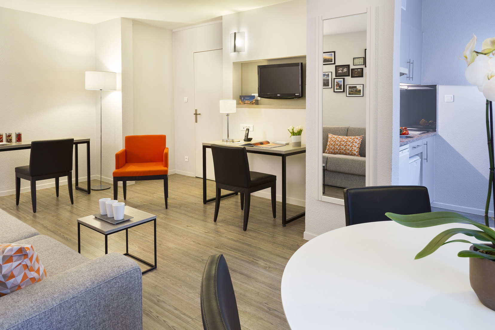 Living room of a 1-Bedroom Apartment equipped with a sofa bed and a desk/dining area, apart hotel Montpellier
