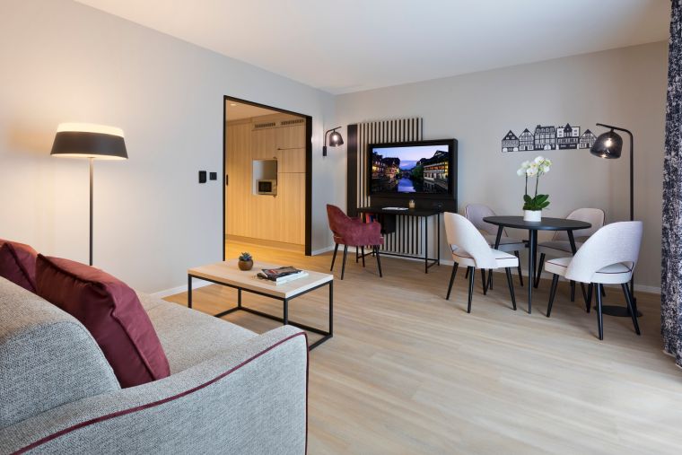 Wohnzimmer eines 2-Zimmer-Apartment mit Schlafsofa, Ess-/Schreibtischbereich und Fernseher, Wohnen auf Zeit in Straßburg