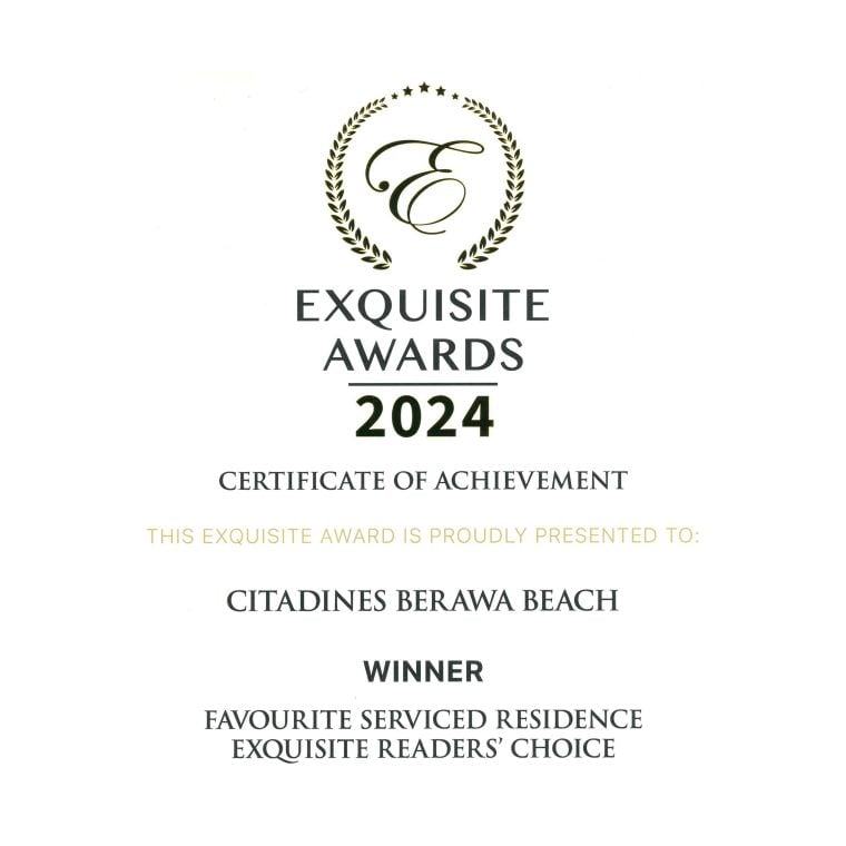<strong>Pilihan Pembaca yang Tepat – Penghargaan yang Tepat 2024</strong></br>Kami sangat gembira mengumumkan bahwa Citadines Berawa Beach Bali telah dianugerahi Favourite Serviced Residence di Exquisite Reader’s Choice – Exquisite Penghargaan 2024! 🏆 Terima kasih yang tulus kepada semua orang yang memberikan suara dan mempercayai kami untuk membuat masa inap Anda di Bali tak terlupakan. Pengakuan ini menginspirasi kita untuk terus menghadirkan pengalaman luar biasa.